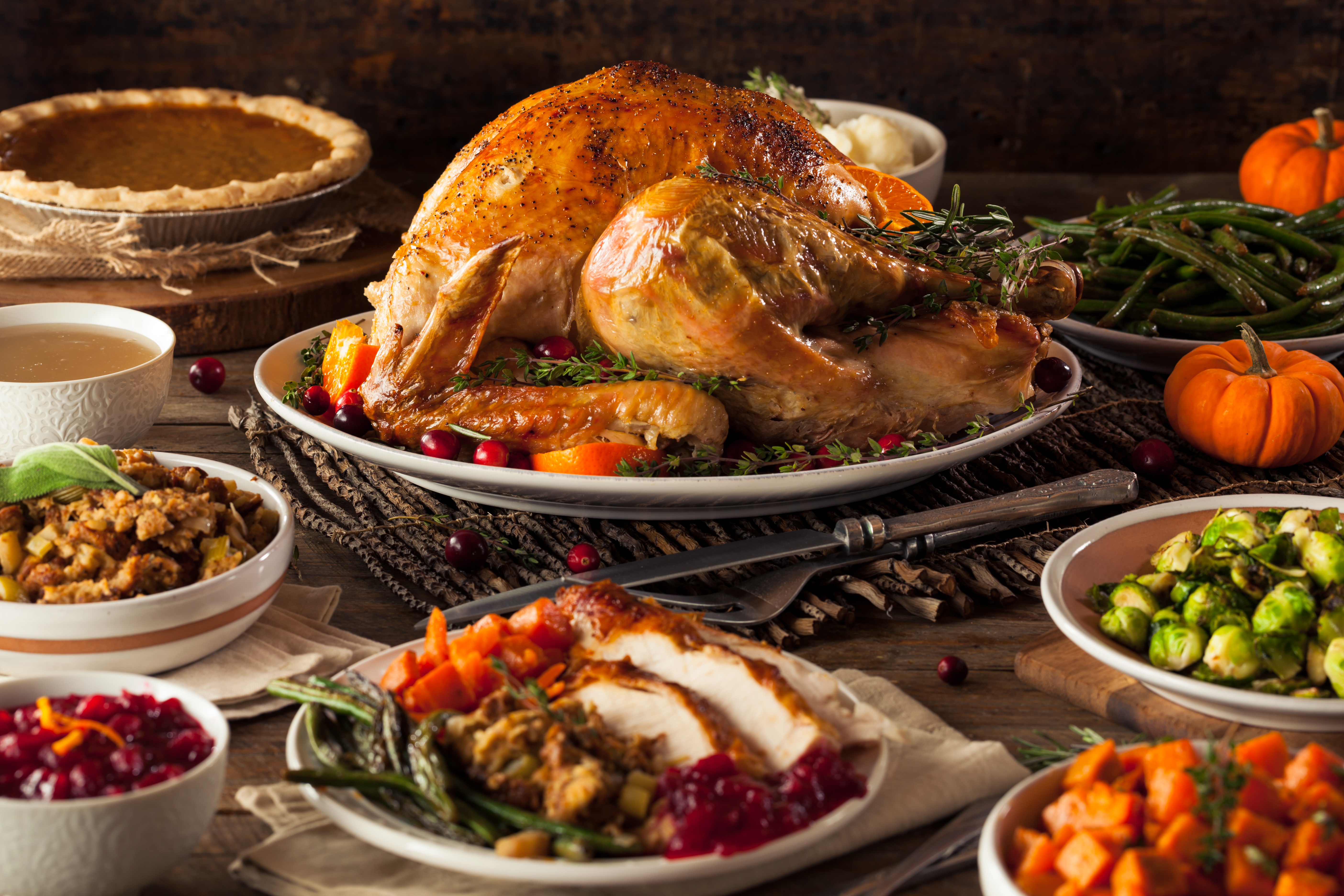 Thanksgiving Dinner Roasted Turkey Garnished Cranberries Rustic