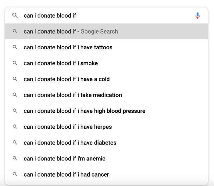 list of "can I donate blood if" Google autocomplete suggestions