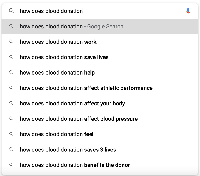 screenshot of google autocomplete for how does blood donation
